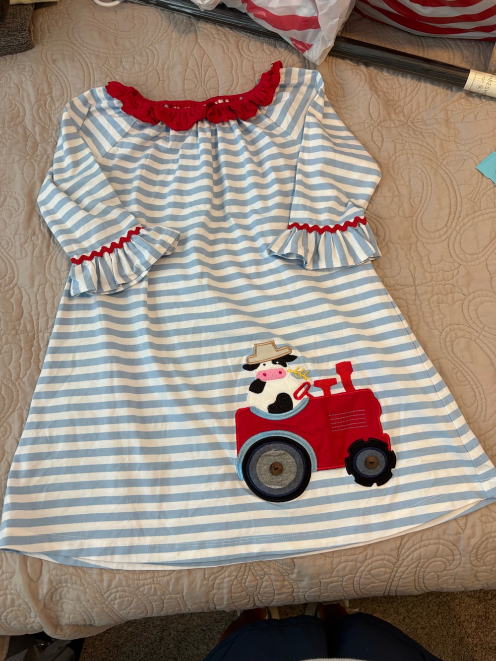 Striped Blue & White Girls Dress with Red Tractor Appliqué
